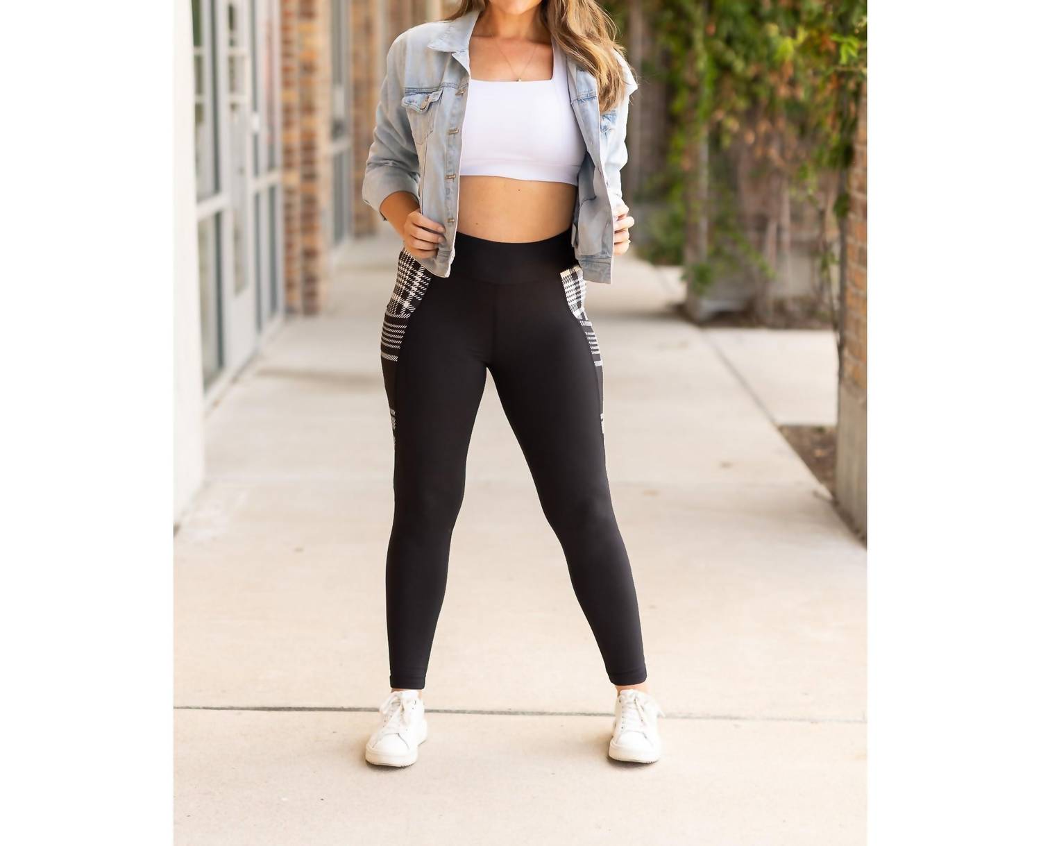 Julia Rose Gabby Plaid Panel Leggings in black white - women's pants