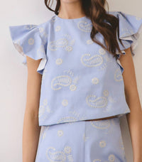 Tcec - Paisley Eyelet Embroidered Flutter Sleeve Top & Shorts Set