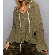 Pol - V NECK HOODED CABLE STITCH TOP
