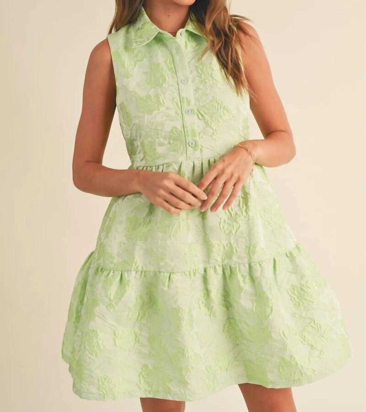 &merci Button Down Texture Sleeveless Mini Dress in lime - women's dress