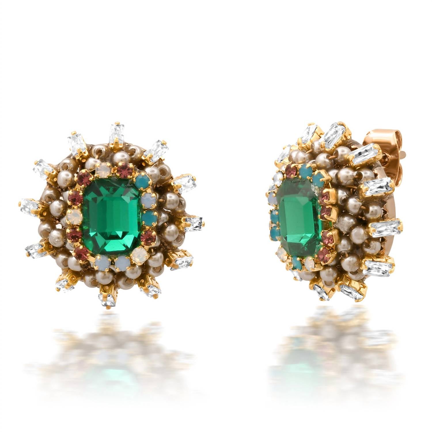 Tai - Women's Pearl And Emerald Cut Stone Earrings