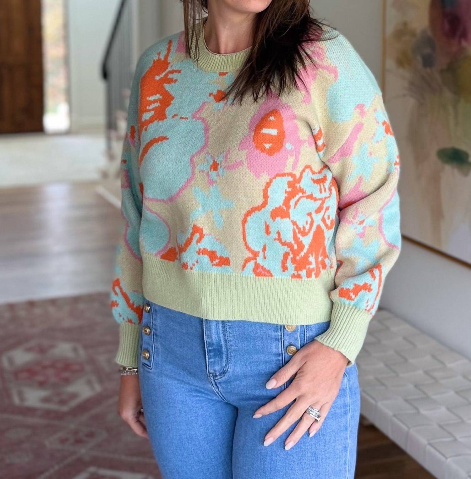 DAVI & DANI Sunset Garden Long Sleeve Sweater in blue - women's sweater - detail view