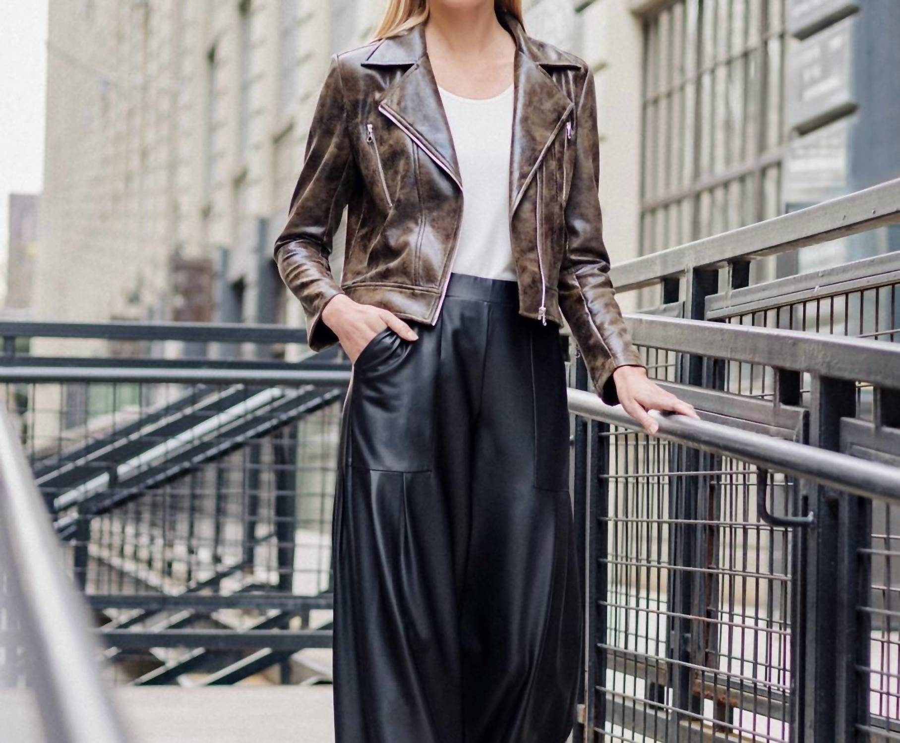 Clara Sunwoo - Vegan Leather Distressed Zip Cuff Moto Waist Jacket