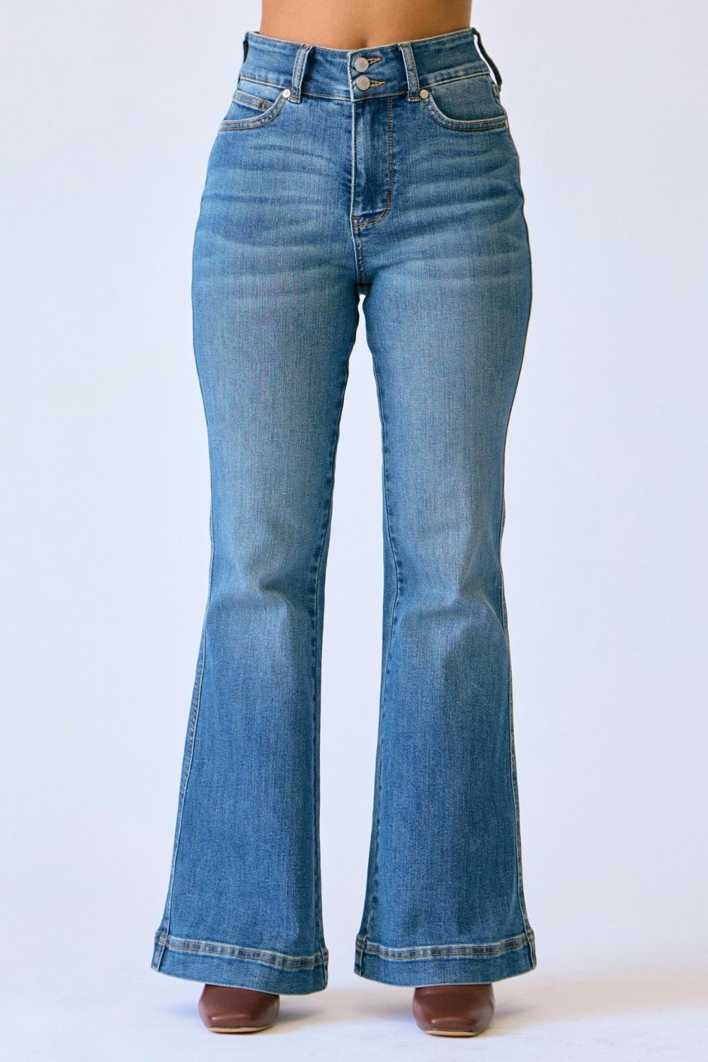 Judy Blue - Women's Tummy Control Petite Flare Double Button Waist Band Jeans