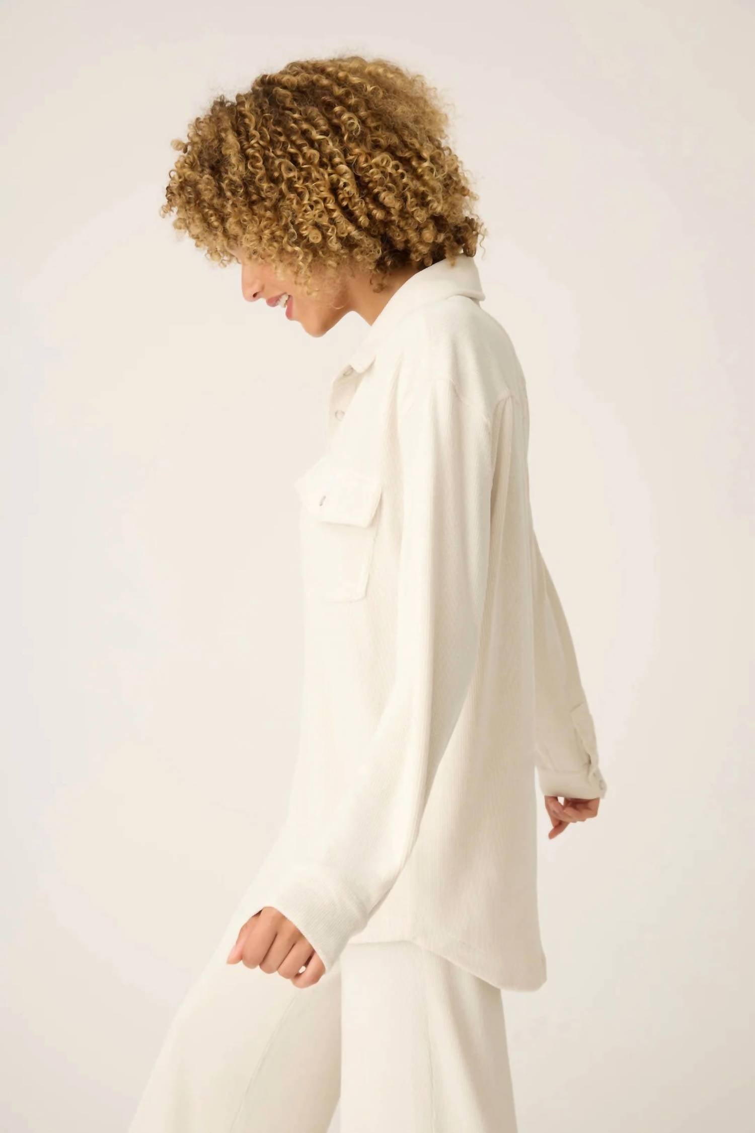 PJ Salvage Craving Corduroy Long Sleeve Button Up Shirt in natural - women's intimate - detail view