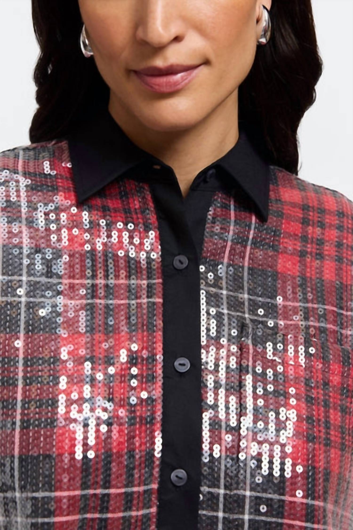 Foxcroft - Marina Sequined Long Sleeve Short Shirt
