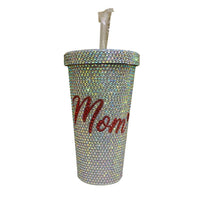 Nima Accessories - Blinged Out "mom" Rhinestone Tumbler 17 Oz With Metal Straw