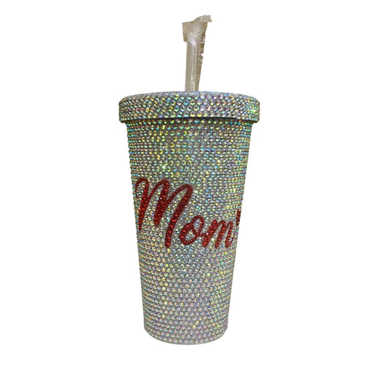 Nima Accessories - Blinged Out "mom" Rhinestone Tumbler 17 Oz With Metal Straw