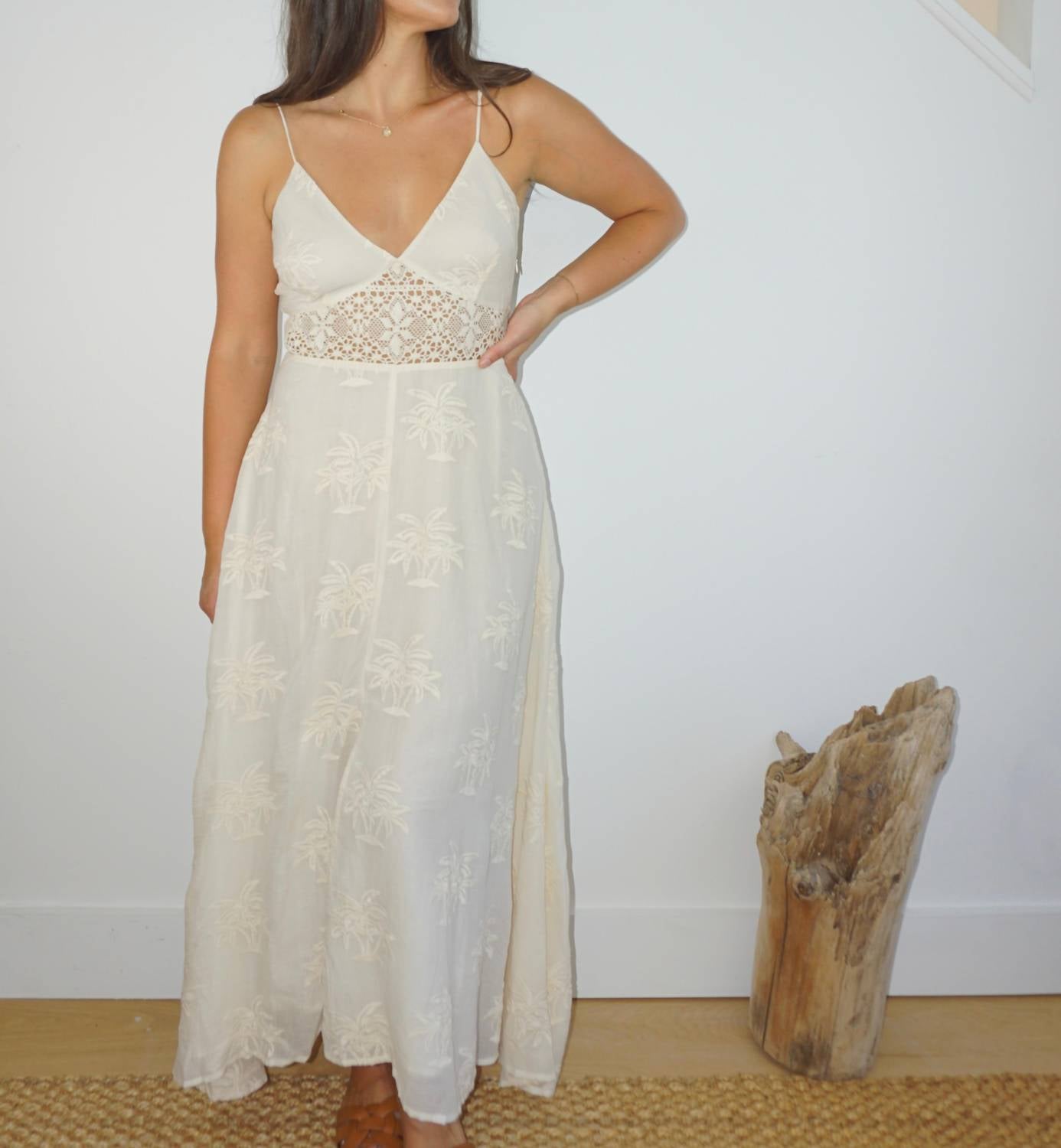 NIBI MTK Isabella Dress in cream palm embroidery - women's dress - detail view