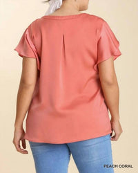 Umgee - Satin V-neck Short Ruffle Sleeve Top