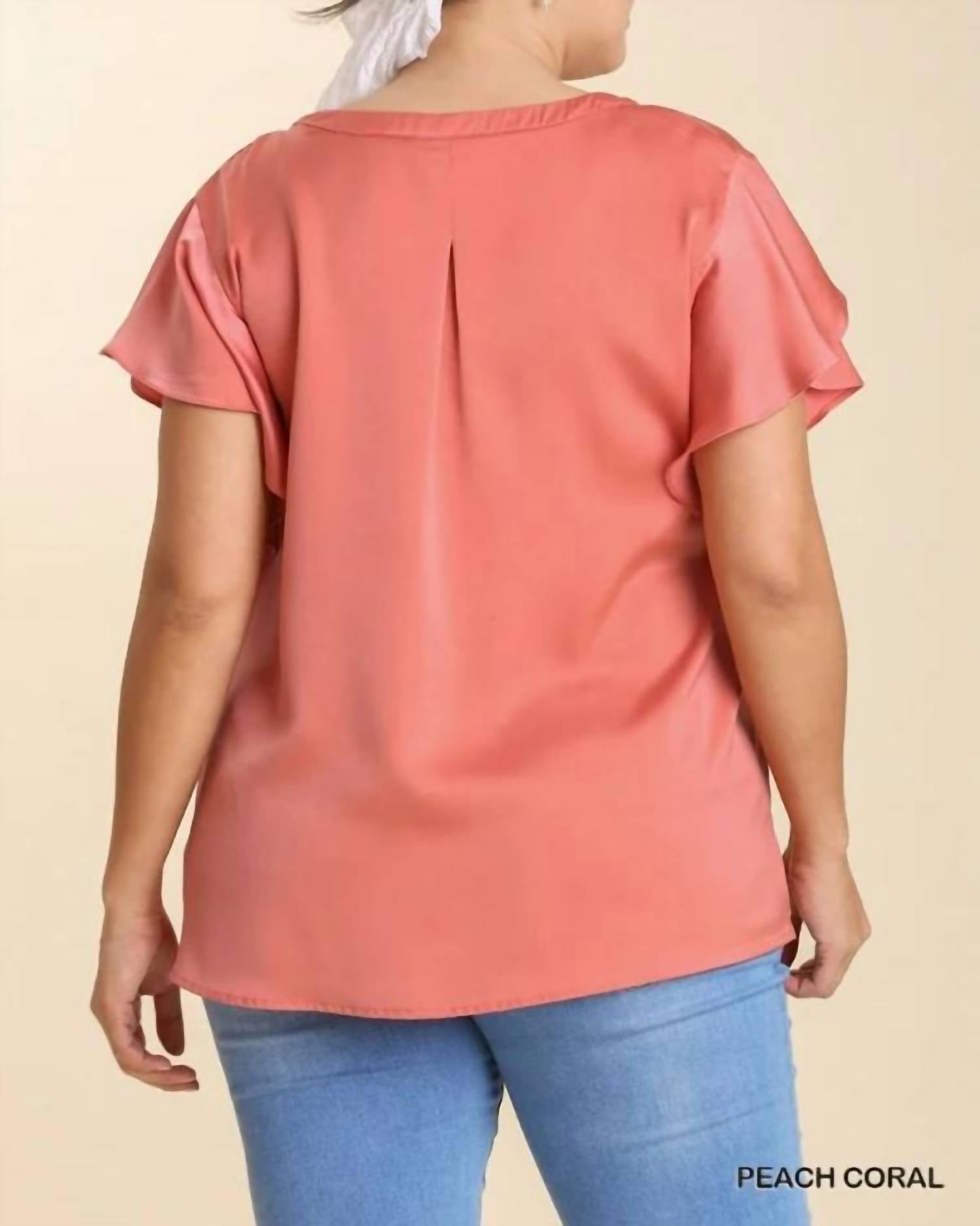 Umgee - Satin V-neck Short Ruffle Sleeve Top