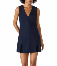 Steve Madden - Henley V Neck Drop Waist Pleated Mini Dress