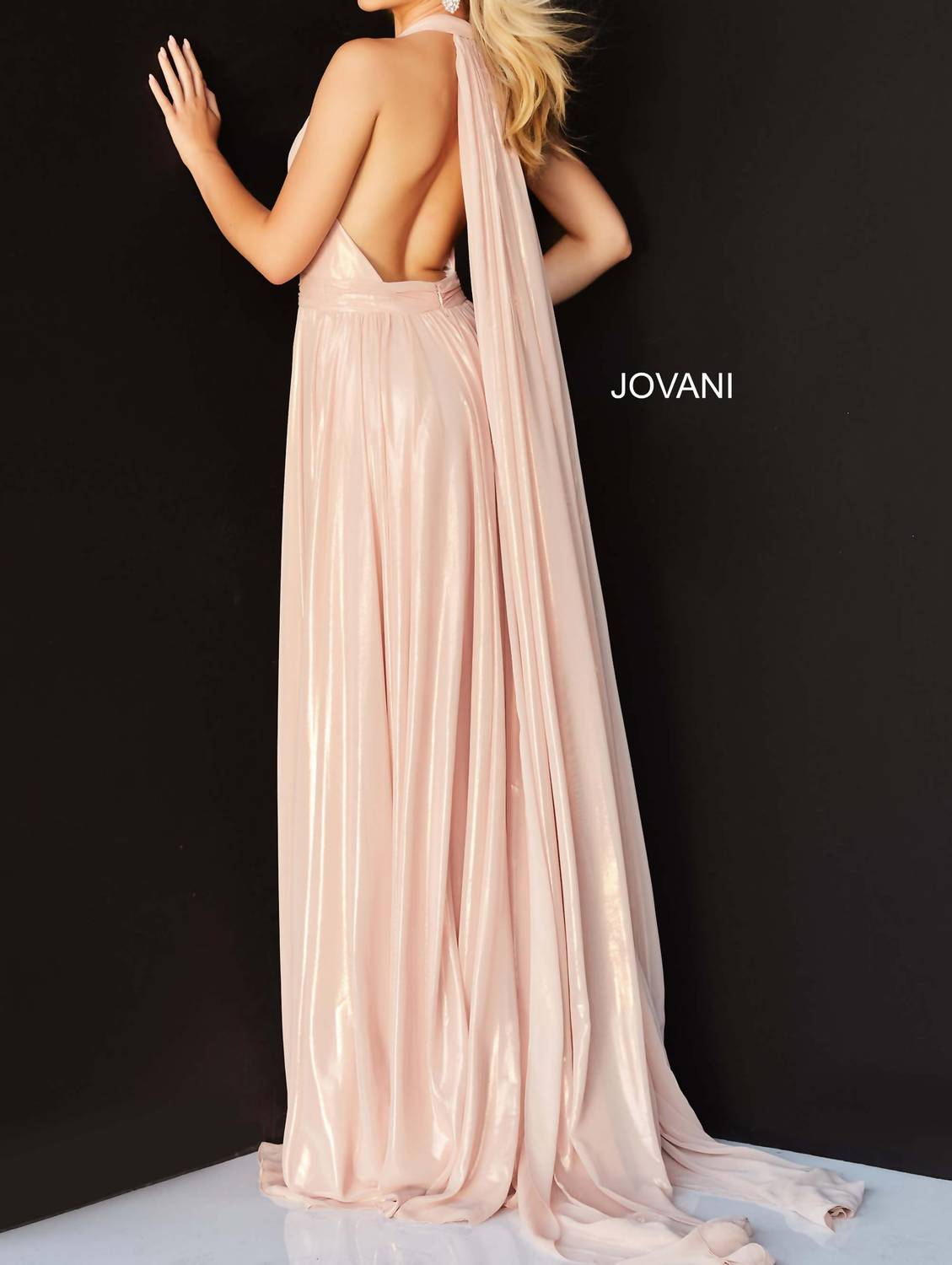 Jovani - Plunging Halter Cascading Panel Gown