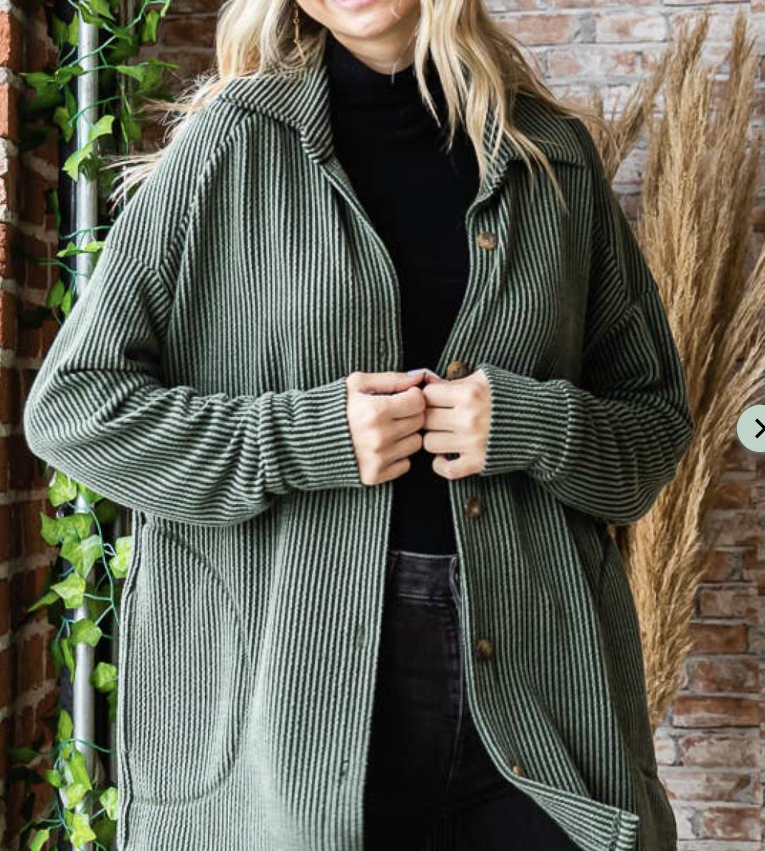 7th Ray Rib Button Down Side Pocket Shacket in olive - women's jacket - detail view