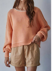 By Together Women's Contrast Stitch Pullover Sweater in coral - women's sweater