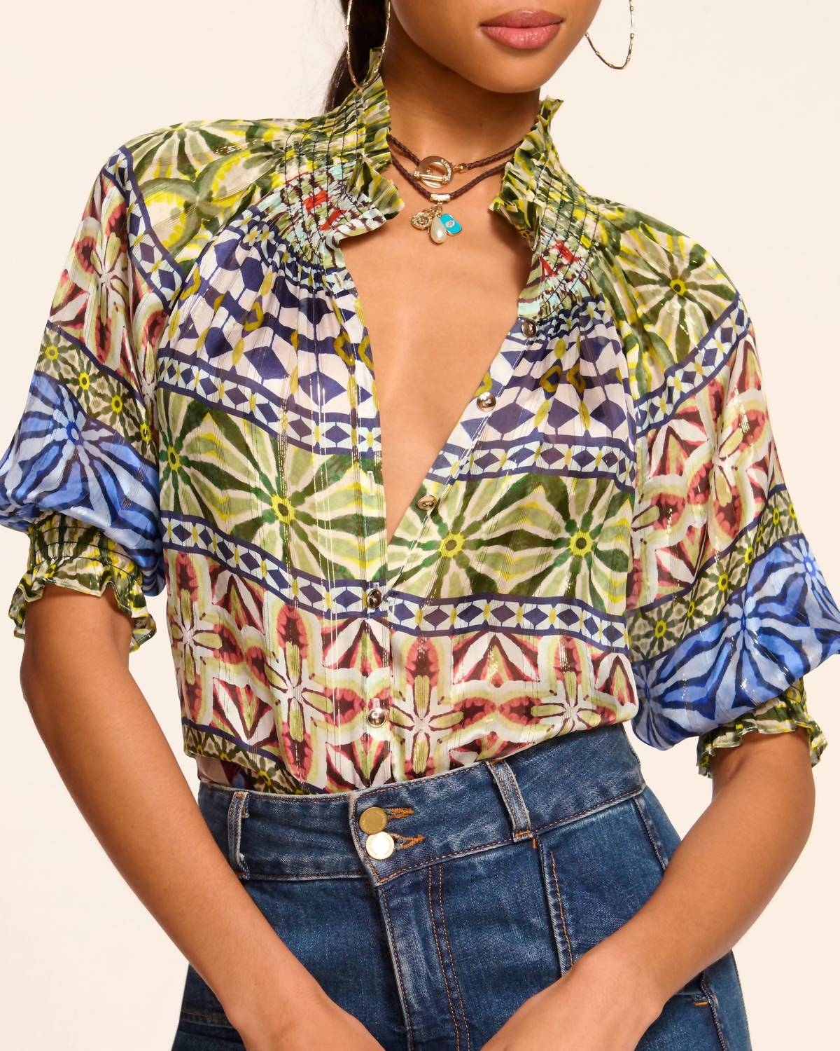 Ramy Brook - Chela Silk V-neck Puff Sleeve Blouse