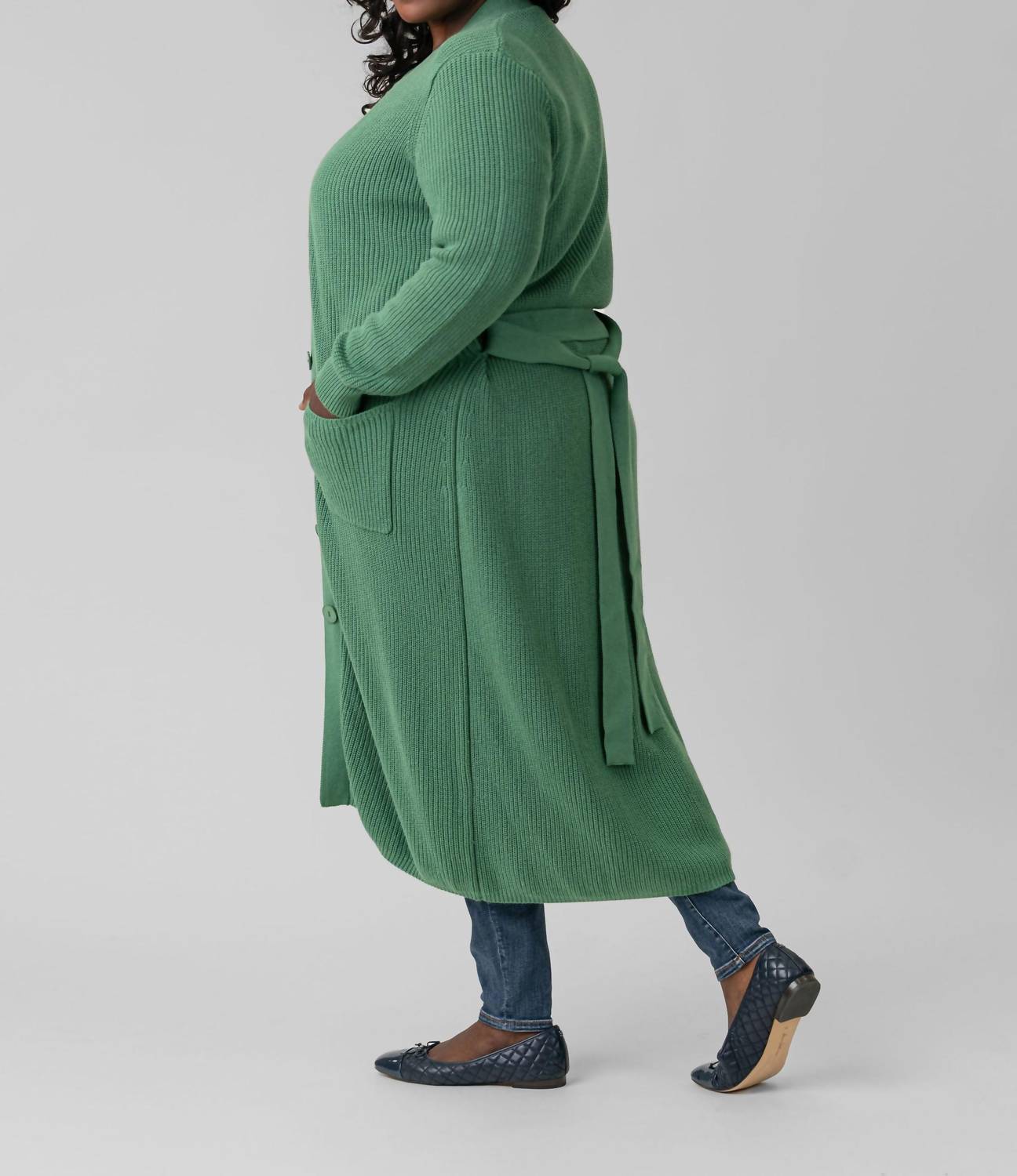 Minnie Rose - Cotton / Cashmere Belted Ribbed Long Cardigan - Plus Size