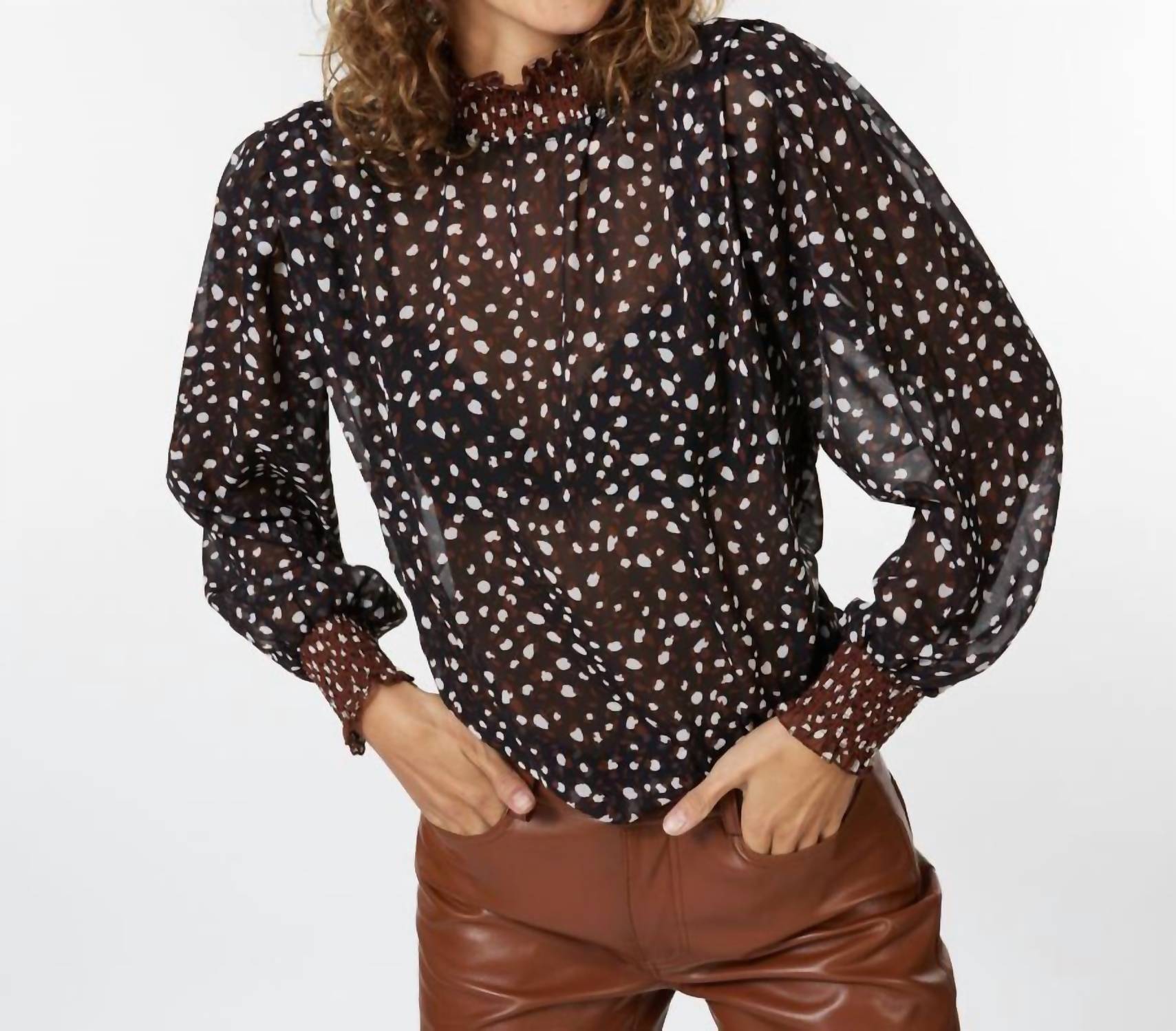 Esqualo - Selena Smocked Animal Steps Long Sleeve Blouse