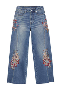 Bayeas High Rise Floral Embroidered Wide Leg Jeans in medium blue - women's jeans - view 7