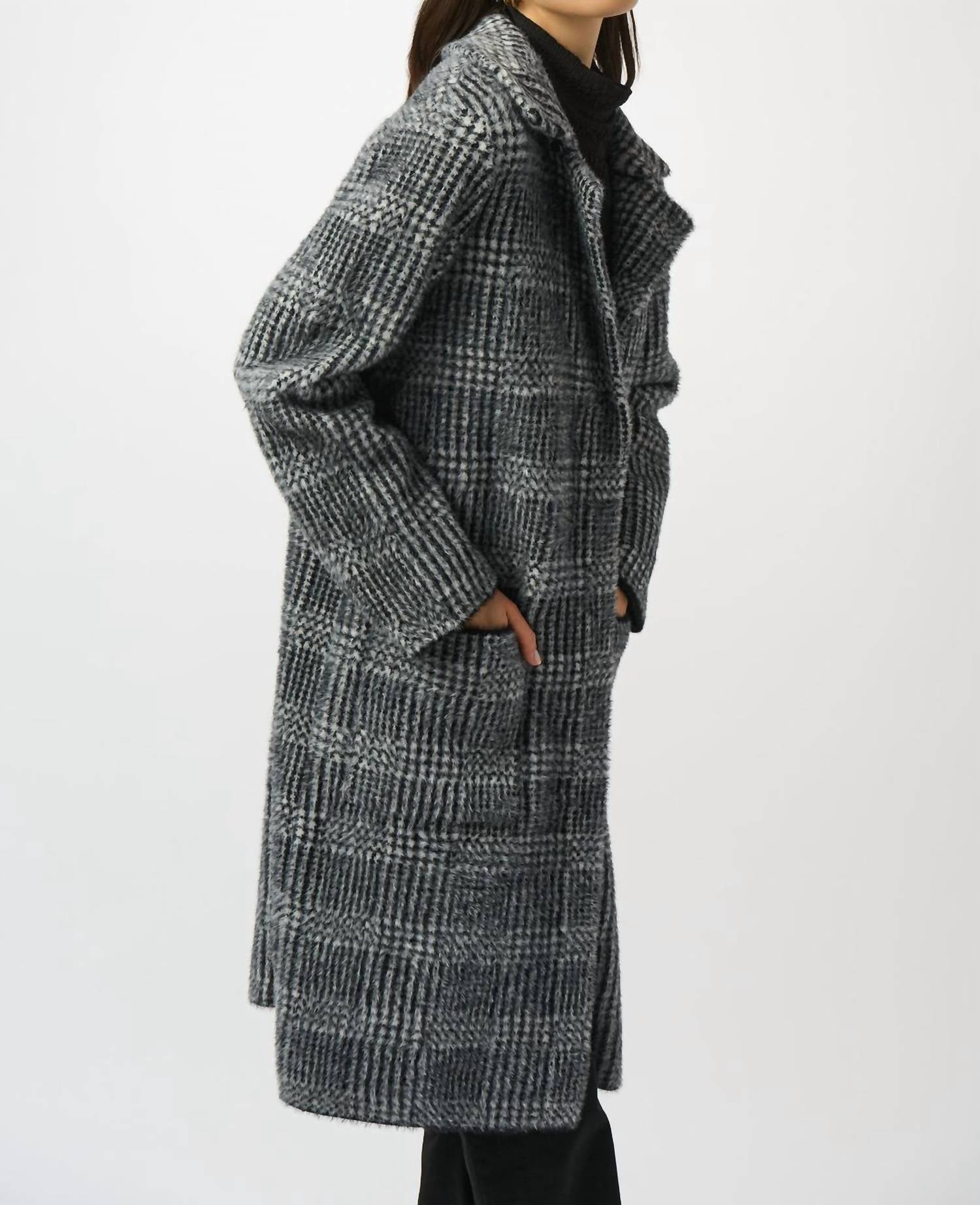 Joseph Ribkoff Feather Yarn Plaid Jacquard Coat in black white 1 - women's jacket - detail view