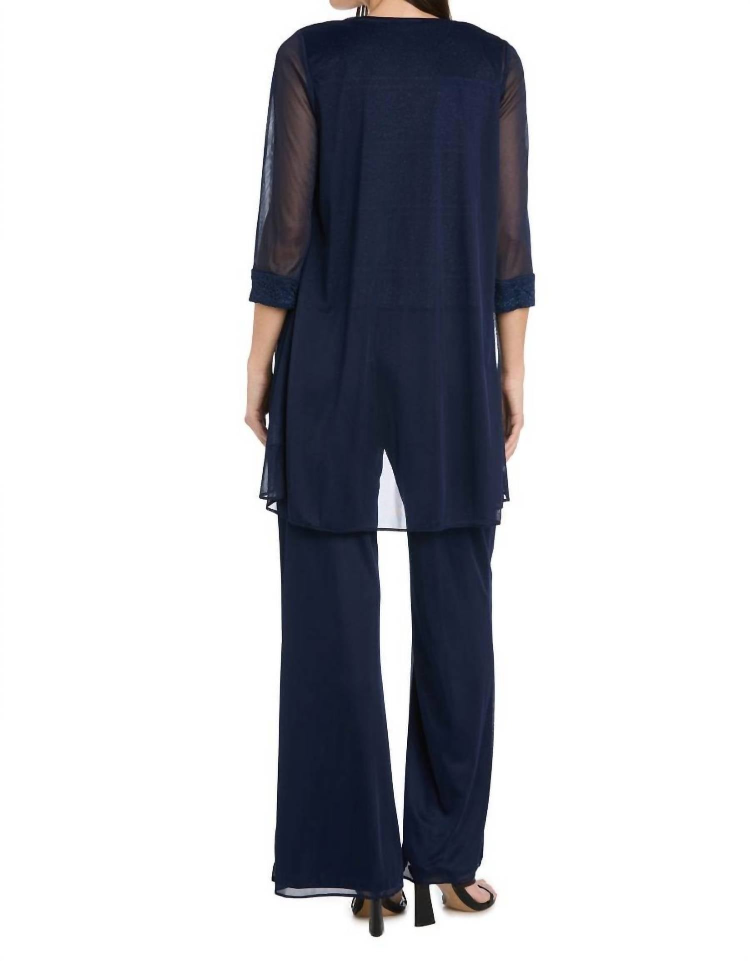 R&M Richards - Glitter Embroidered Pant Suit With Pearl Neckline