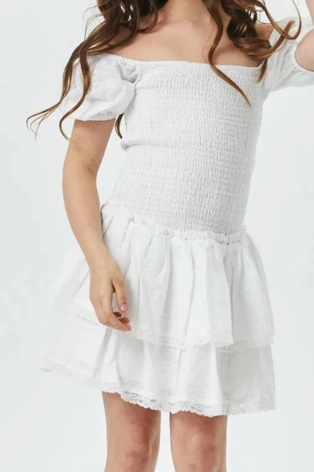 THEME Girls Lexi Heart Smocked Short Sleeve Ruffle Dress in white - kids' dress - detail view