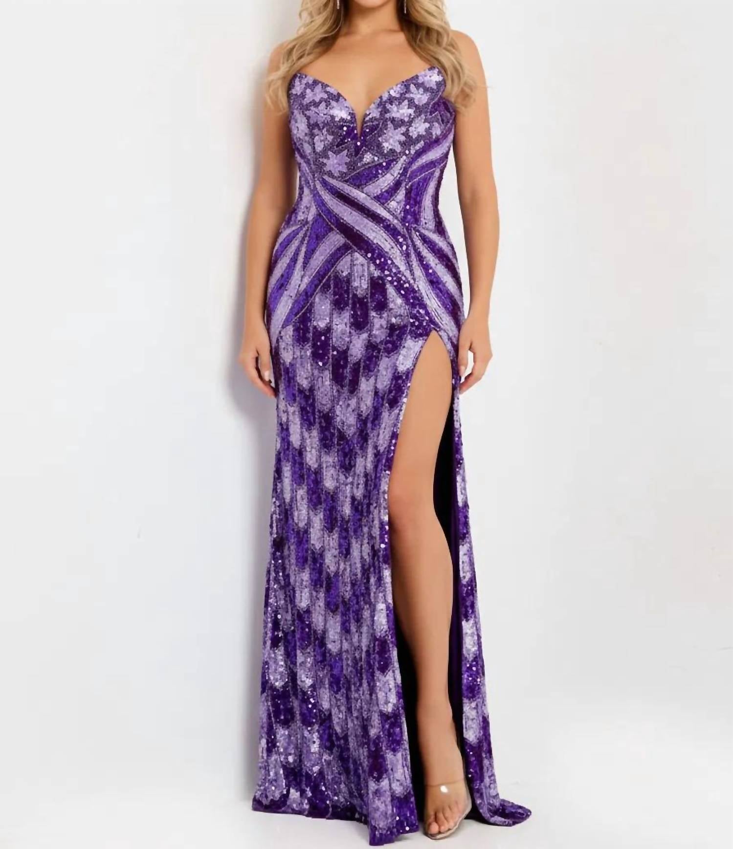 JOVANI Sweetheart Sequin Gown With High Slit in purple - women's dress
