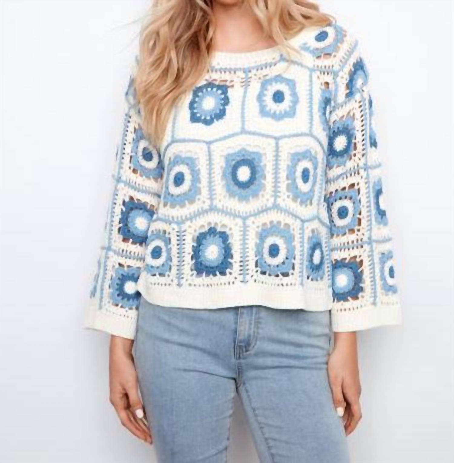 CHARLIE B Floral Crochet Sweater in blue - women's sweater