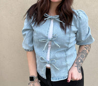 WISHLIST Amber Front Tie Blouse in blue - women's blouse - detail view