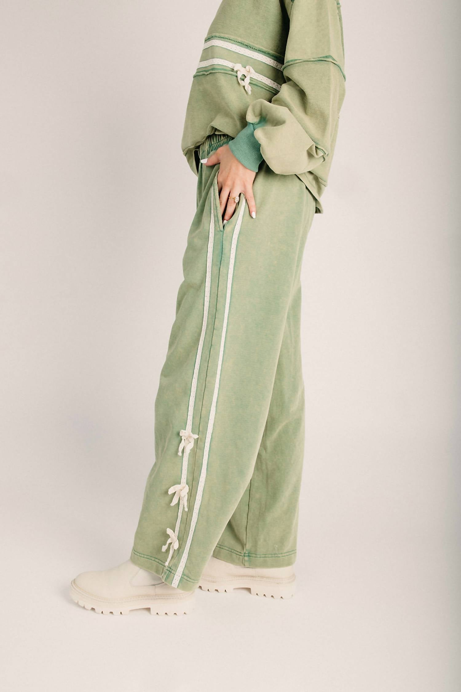 mittoshop Pull On Side Bow Stripe Wide Leg Pants in matcha - women's pants - alternate view