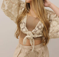 Mustard Seed - Solid Crochet Floral Tie Front Crop Top