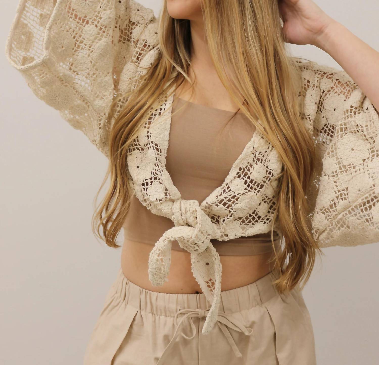 Mustard Seed - Solid Crochet Floral Tie Front Crop Top