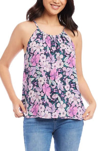 Karen Kane Shay Shirred Floral Tank in berry purple navy multicolor - women's blouse