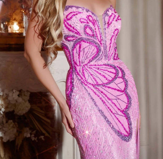 Jovani - Strapless Sequin With High Slit Dress
