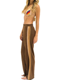 AVIATOR NATION Five Stripe Wide Leg Sweatpants in chocolate - women's pants - detail view