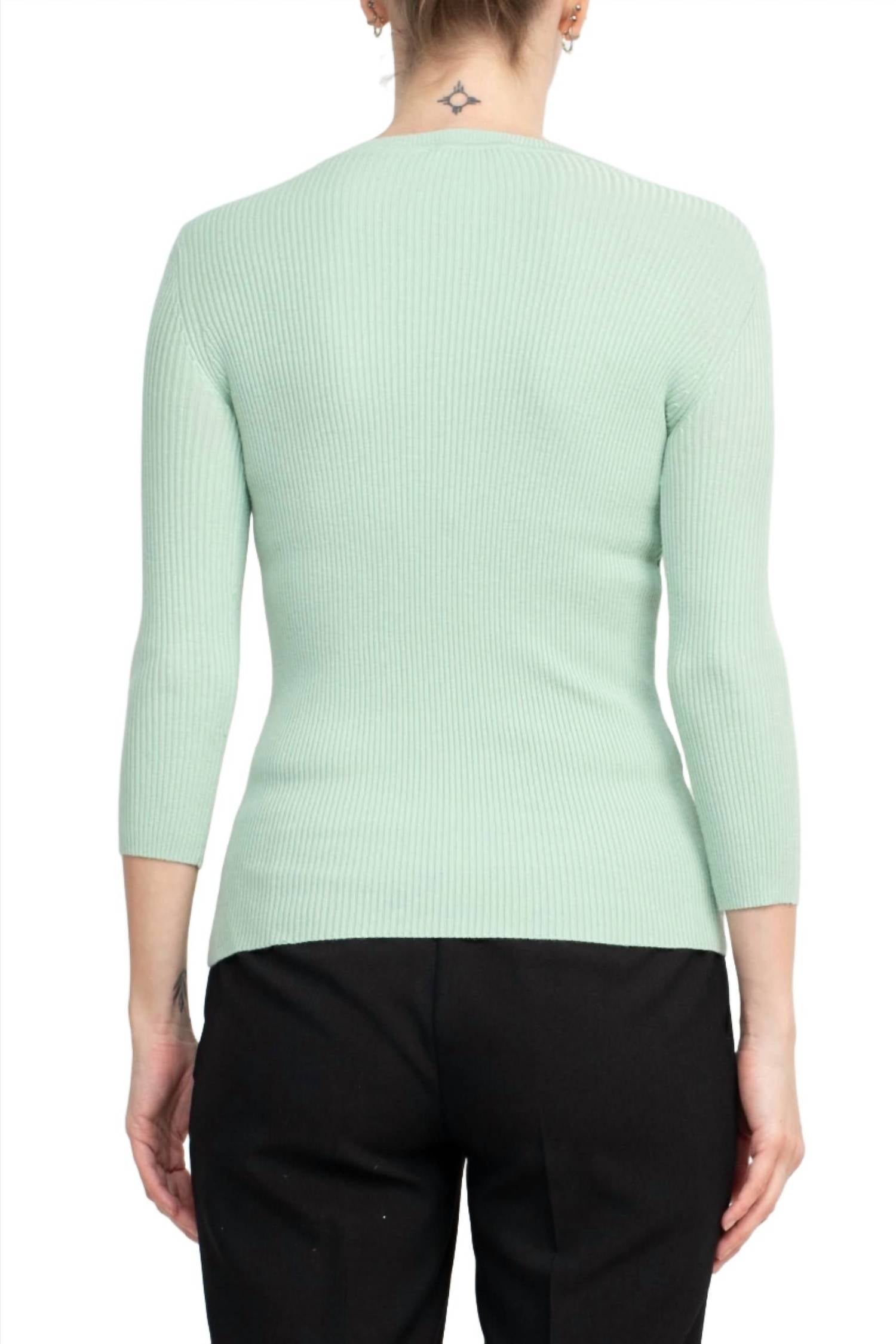 Joan Vass - 3/4 Sleeve Ribbed Pullover Cutout Chest Detail Knit Top