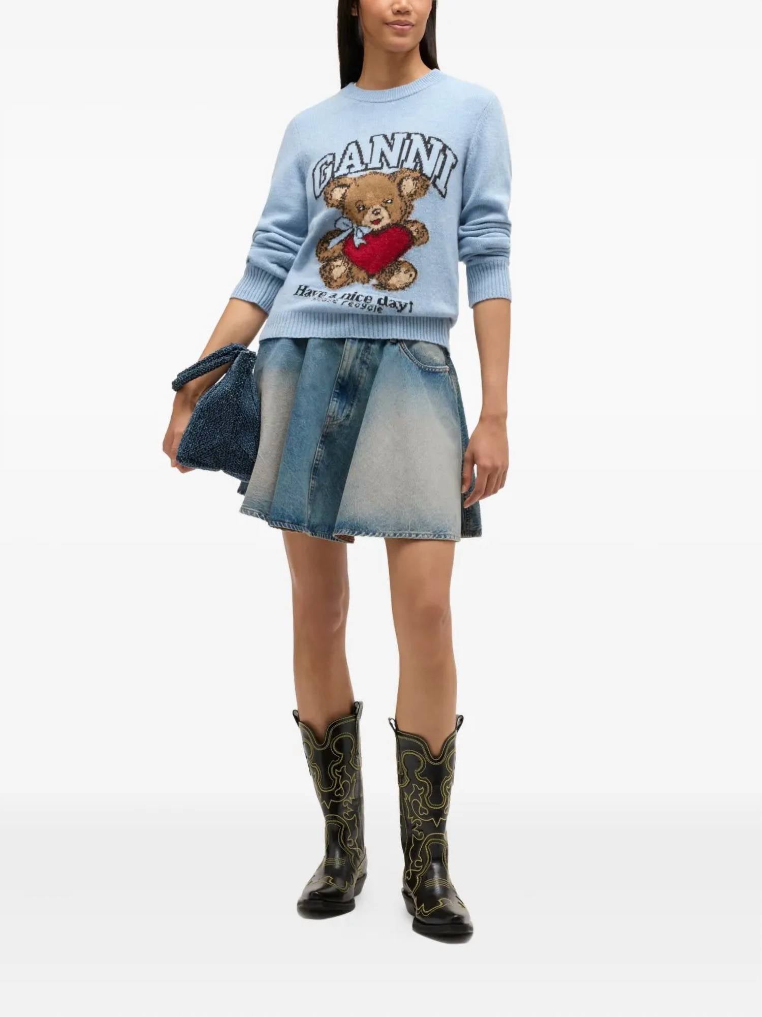 GANNI Teddy Graphic Wool Sweater in baby blue - women's sweater - alternate view