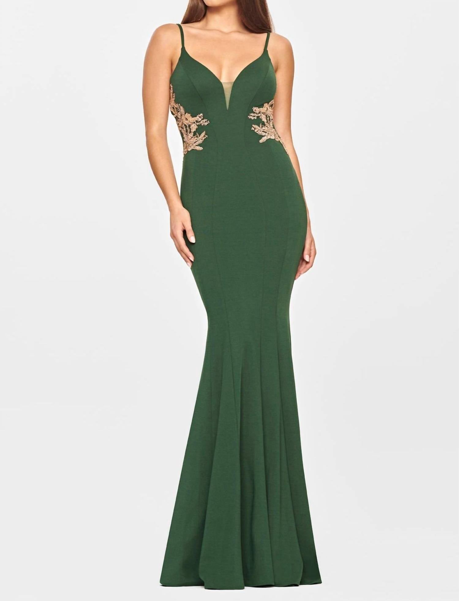 FAVIANA Jersey Cutout With Applique Gown in emerald gold - women's dress