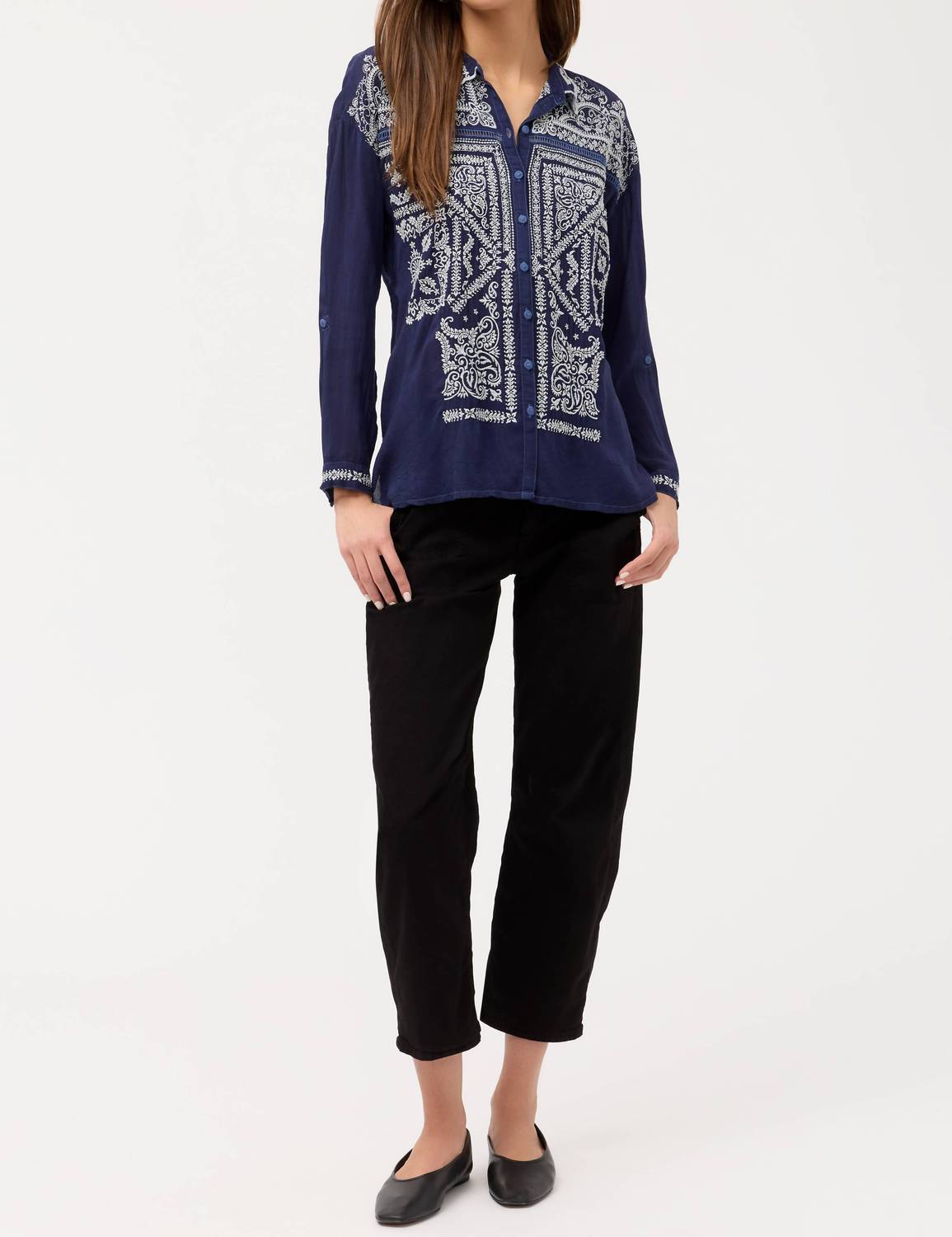 Johnny Was BANDANA SLIM AUDREY COLLARED SHIRT in blue night - women's blouse - view 4