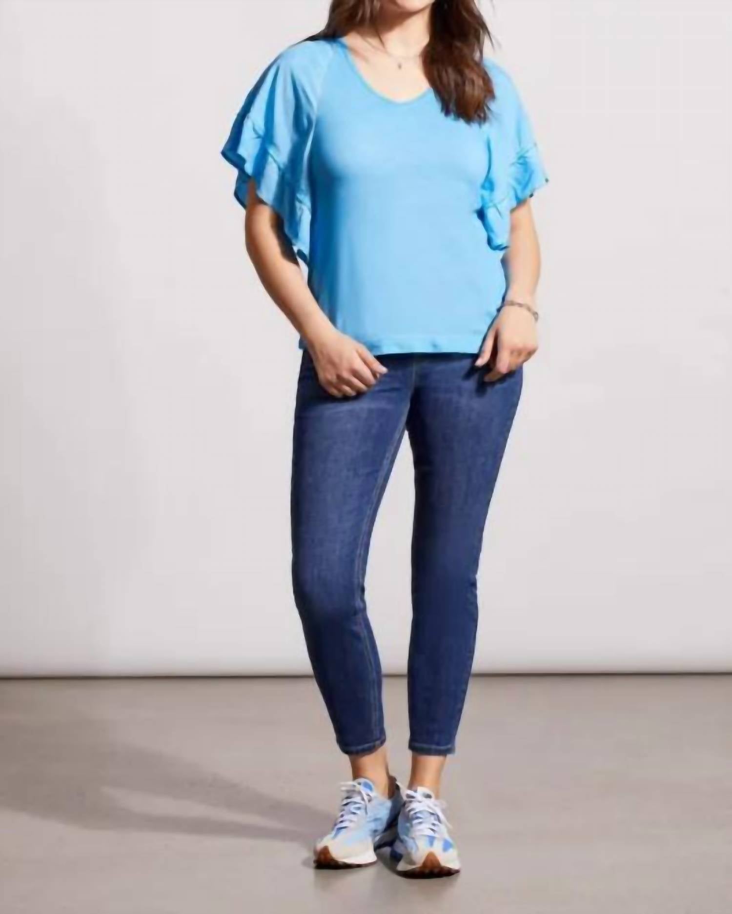 TRIBAL V-neck Raglan Combo Sleeve Top in azure - women's t-shirt - alternate view