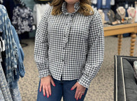 Rosa Clothing Gingham Check Plaid Ruffled Detail Blouse in grey - women's blouse