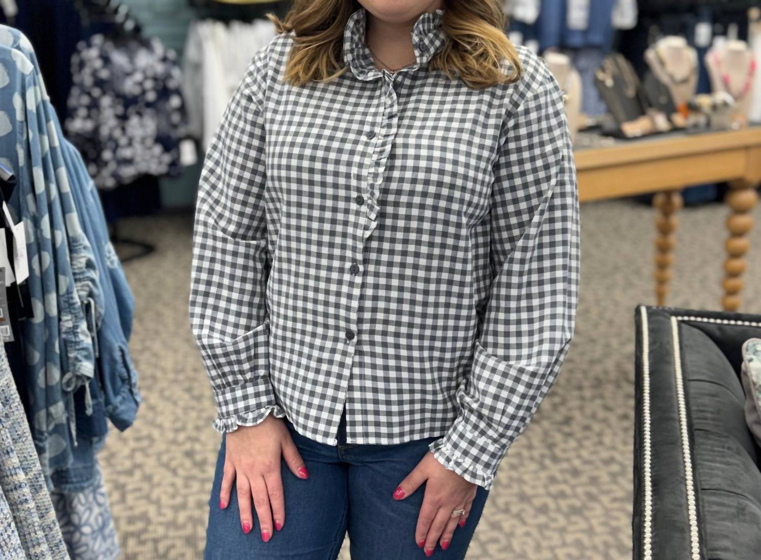 Rosa Clothing Gingham Check Plaid Ruffled Detail Blouse in grey - women's blouse