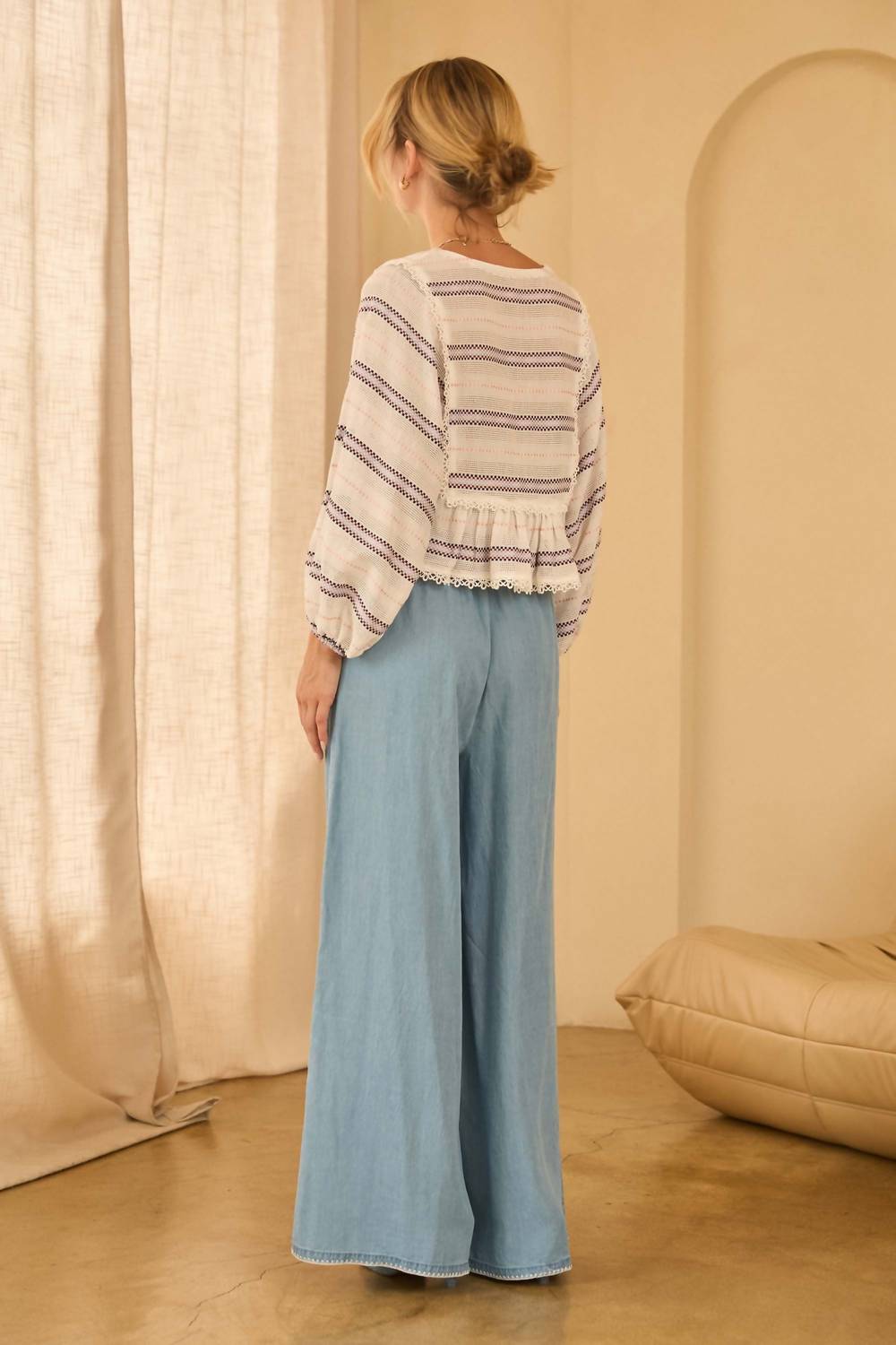SKIES ARE BLUE Stripe Peplum Long Sleeve Top in white red mix - women's blouse - detail view
