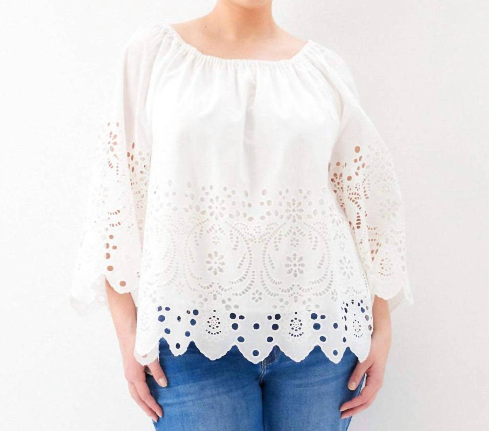 Karen Kane - Cutout Embroidery Flare Sleeve Peasant Top - Plus