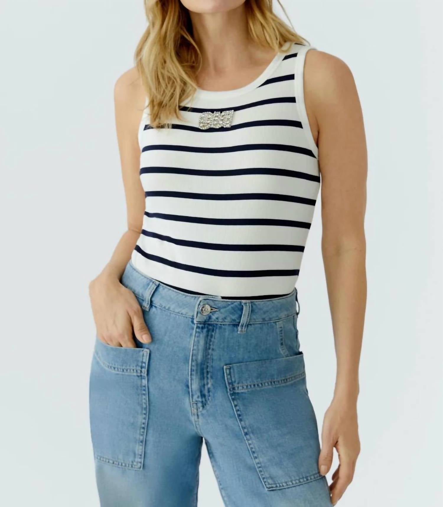 Oui - Striped With Embellished Logo Tank Top