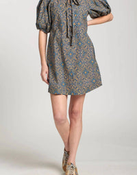 APNY Laced Up Puffed Sleeve Dress in indigo multi - women's dress - alternate view
