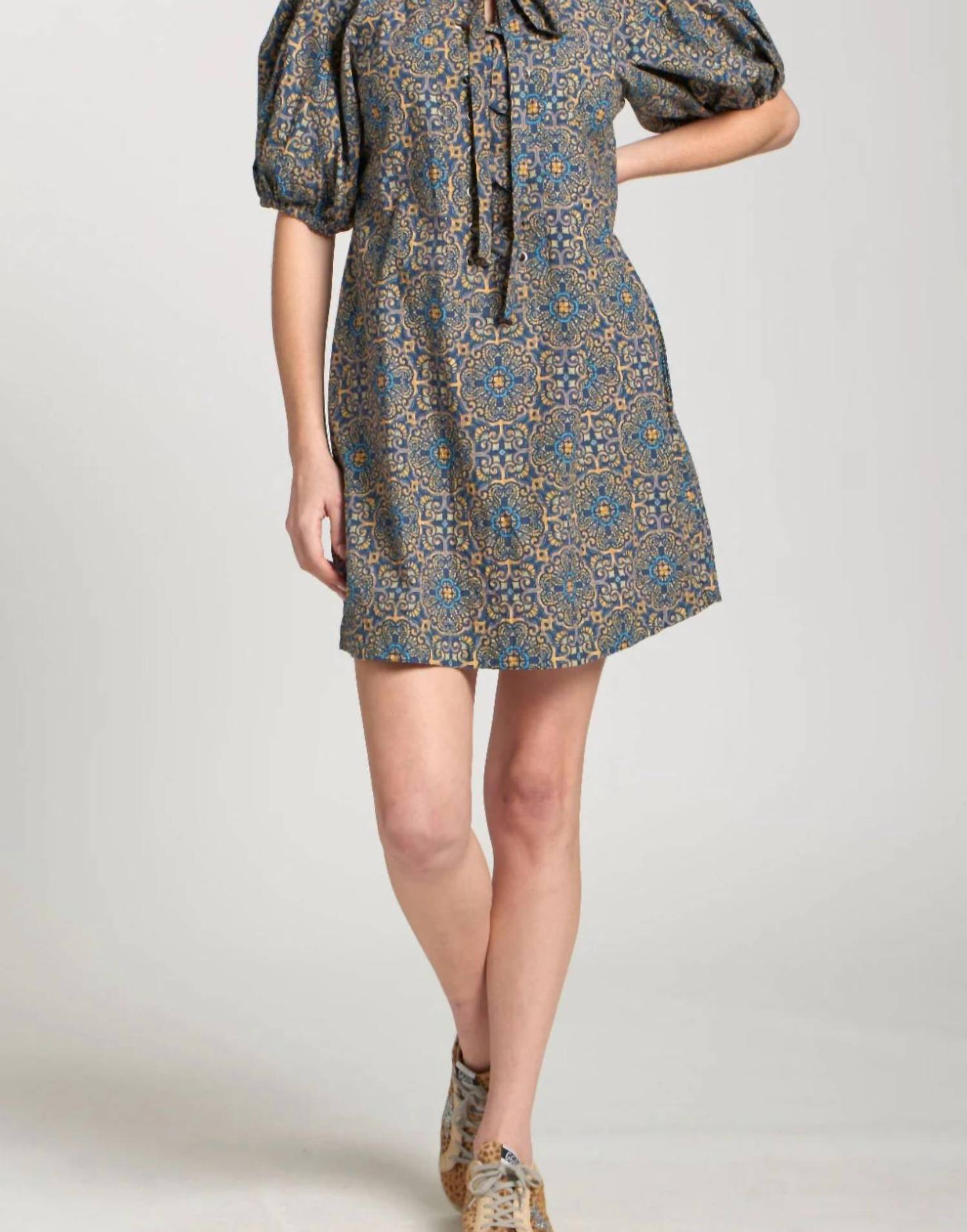 APNY Laced Up Puffed Sleeve Dress in indigo multi - women's dress - alternate view