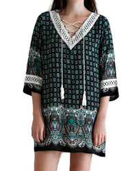 Entro - Border Print Tassel Tie Mini Dress