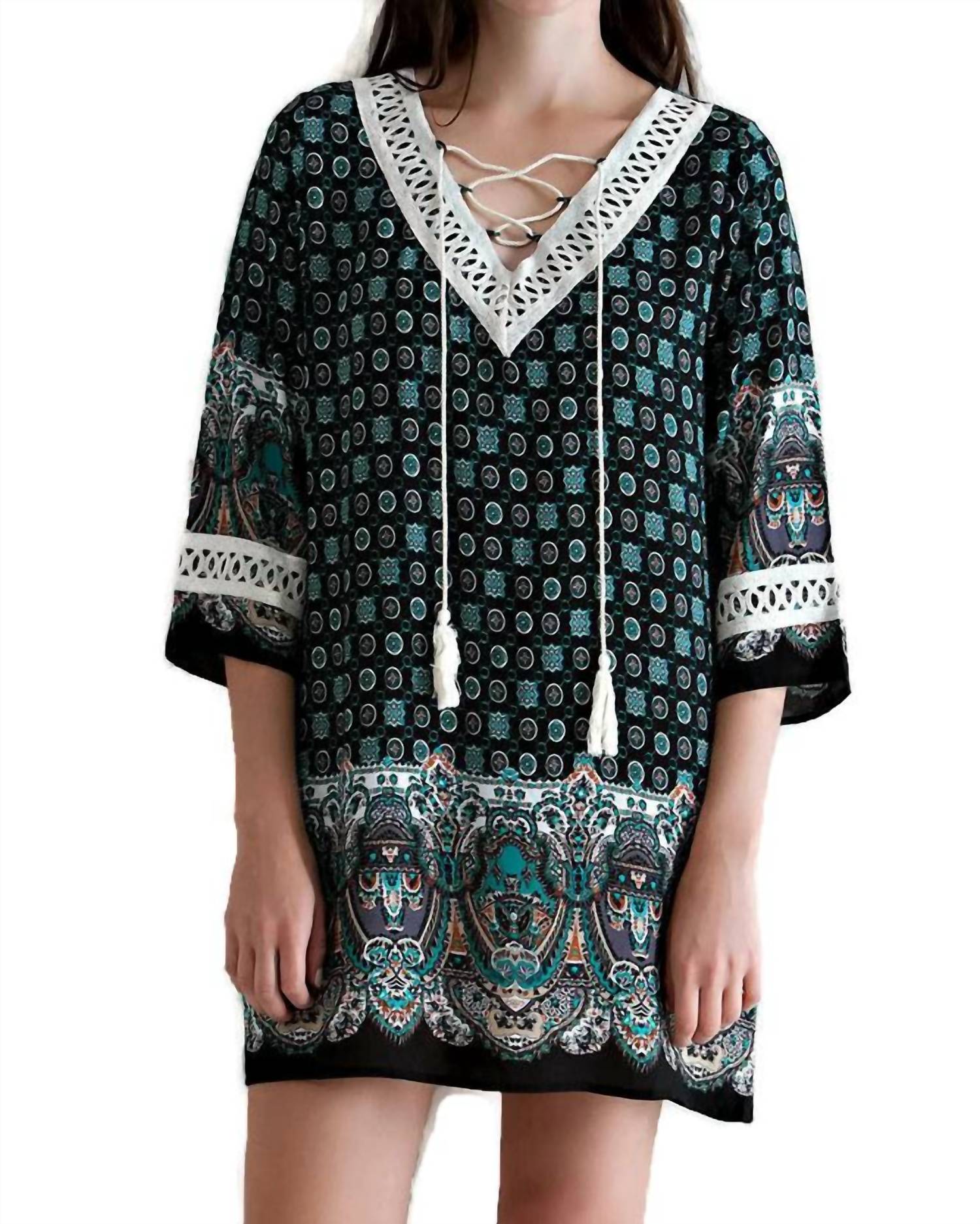 Entro - Border Print Tassel Tie Mini Dress