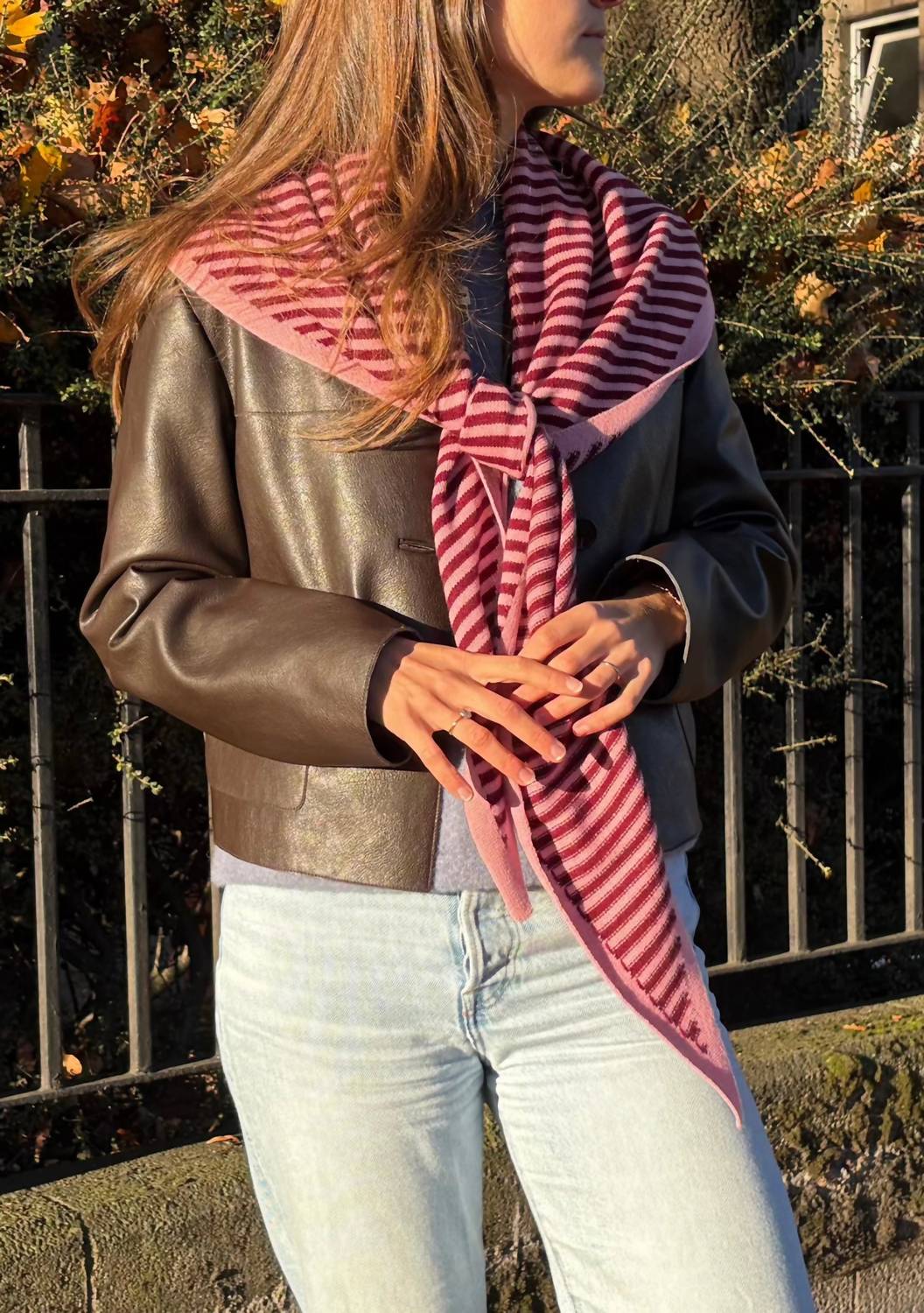 TBCo Women's Large Merino Triangle Scarf in pink stripe 1 - women's scarf - detail view